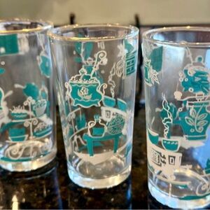 Mid-Century Modern “Homemaker Motif’” Drinking Glasses, gold trim, teal w/gold